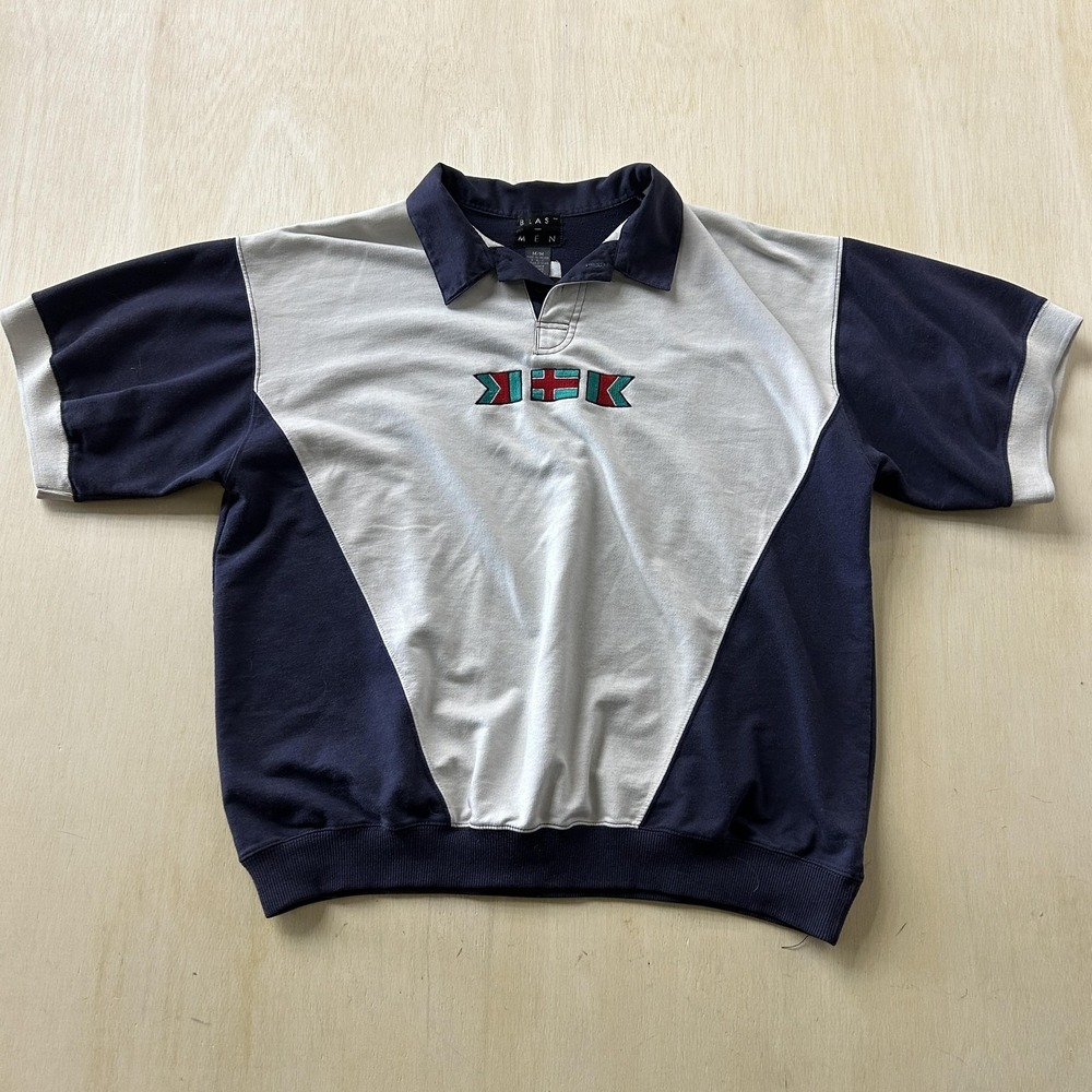 Vintage Blast Polo Shirt Mens Medium Blue Colorblock Banded Waist Short Sleeve